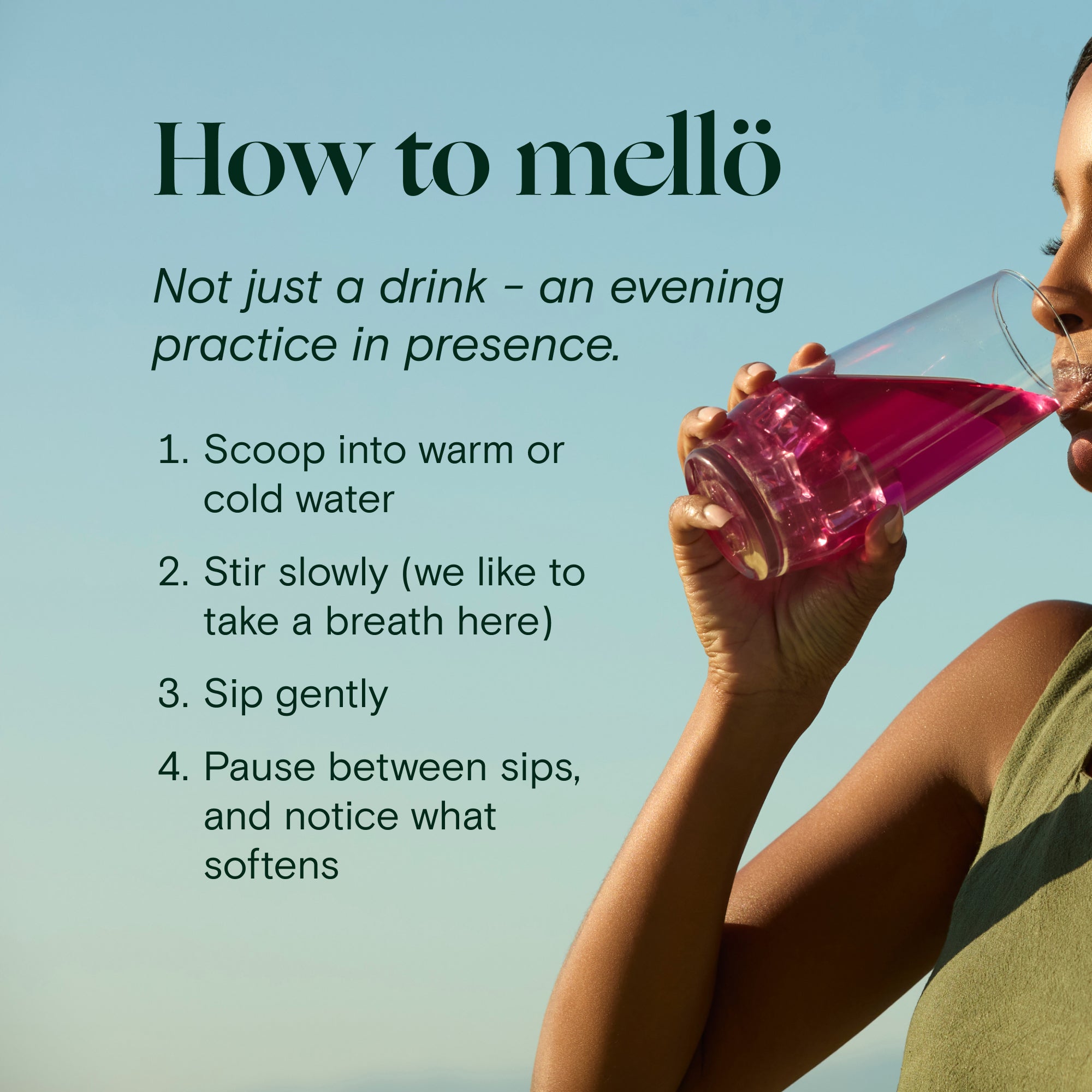 Person drinking a mellö magnesium drink with text on how to use it against a blue background