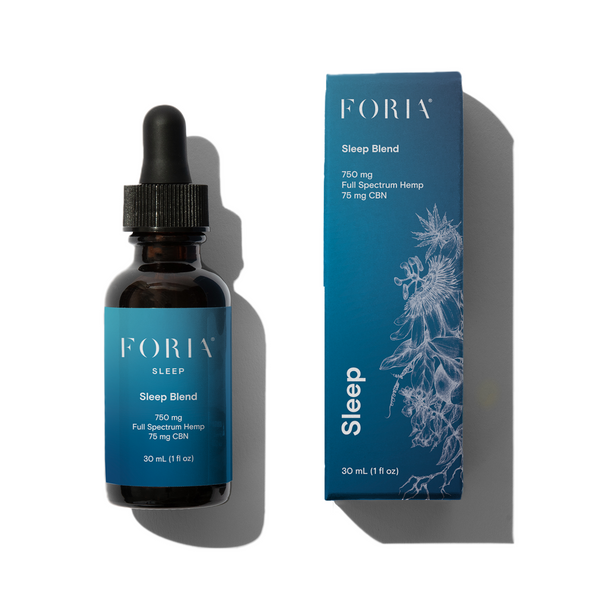 Foria Sleep Blend dropper bottle and packaging on a white background how to fall asleep