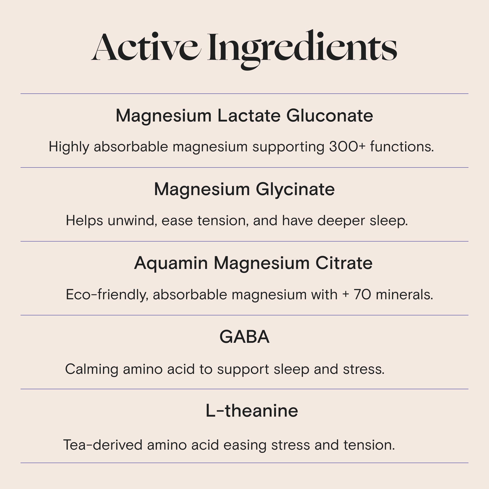 Foria Mellö Magnesium pouch List of active ingredients with descriptions on a beige background magnesium citrate, magnesium glycinate. 
