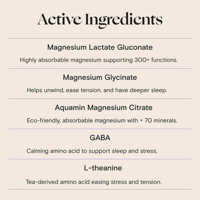 Foria Mellö Magnesium Variety Set  active ingredients, such as magnesium, glycinate and magnesium citrate and GABA on a beige background