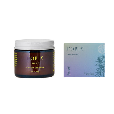 Foria Relief CBD Salve  and Relief Melts on a white background