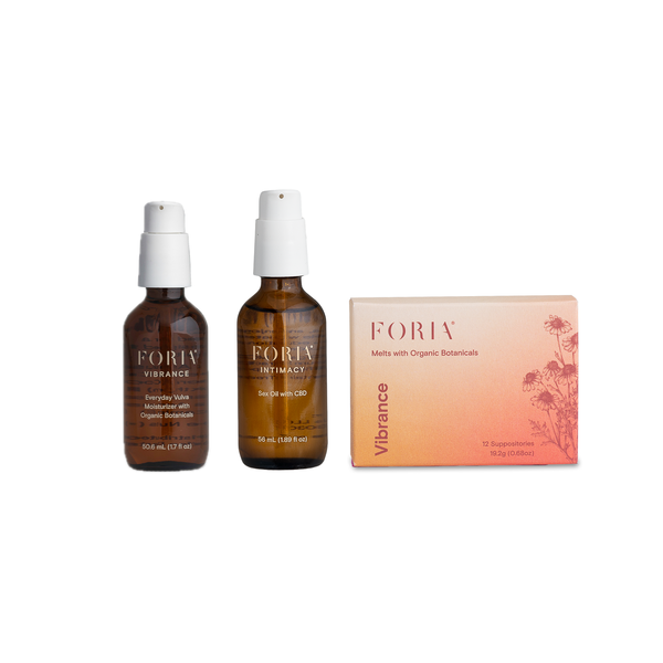 FORIV Vibrance facial and body botanical cleansing set, featuring two amber glass bottles with white spray caps and a peach-colored product box on a white background.
