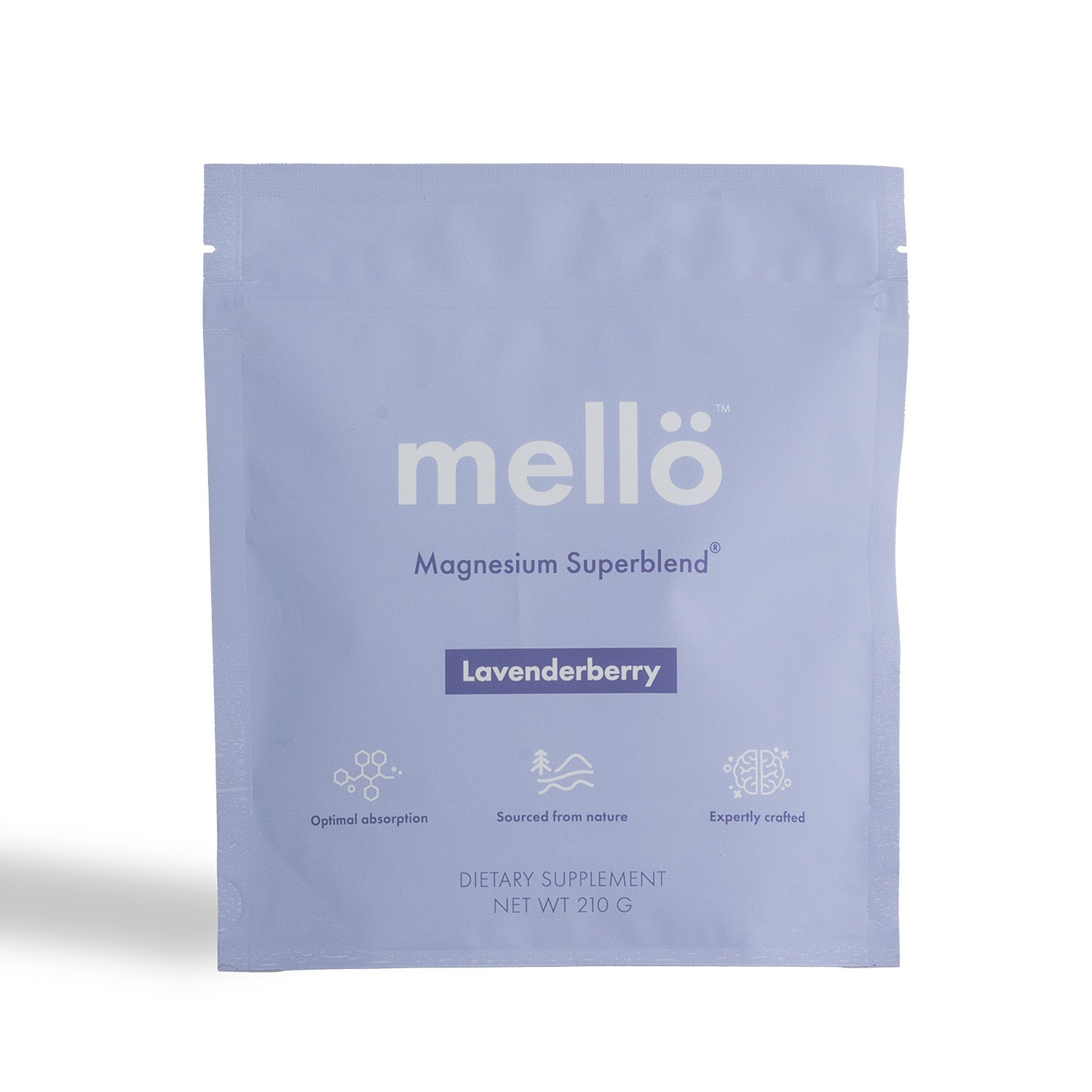 Mello magnesium supplement package with lavenderberry flavor on a white background