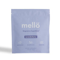 Mello magnesium supplement package with lavenderberry flavor on a white background