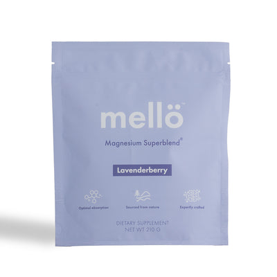 Mello magnesium supplement package with lavenderberry flavor on a white background