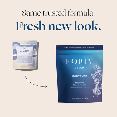 Foria Shuteye Chai Two packages of FORIA Sleep product on a beige background with text about a fresh new look.