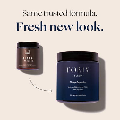 Foria Sleep Capsules CBD  Two containers of Sleep Capsules with text 'Same trusted formula. Fresh new look.'