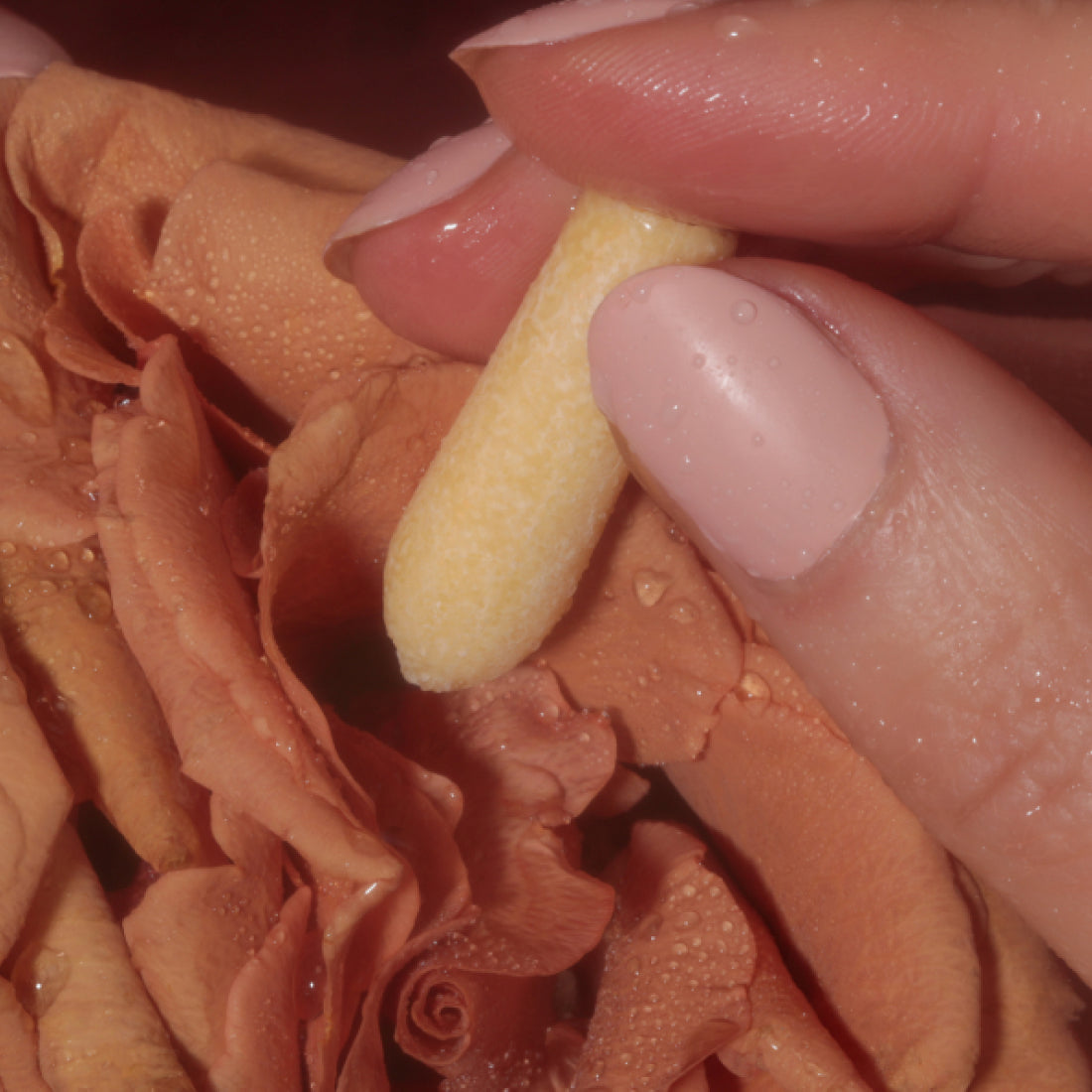Hand holding relief melt over a flower