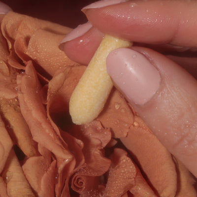 Hand holding relief melt over a flower