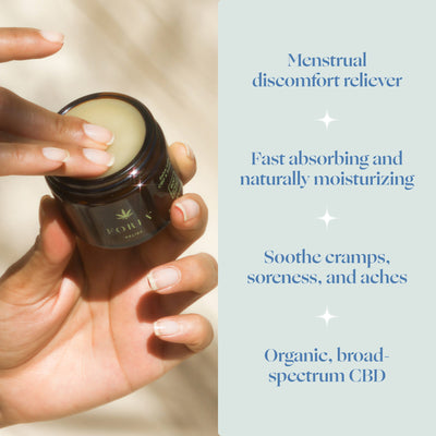 Hand holding a jar of cream with text about menstrual discomfort relief and CBD benefits.