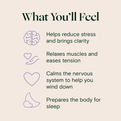 Text describing the benefits of mellö: reducing stress, relaxing muscles, calming the nervous system, and preparing the body for sleep.