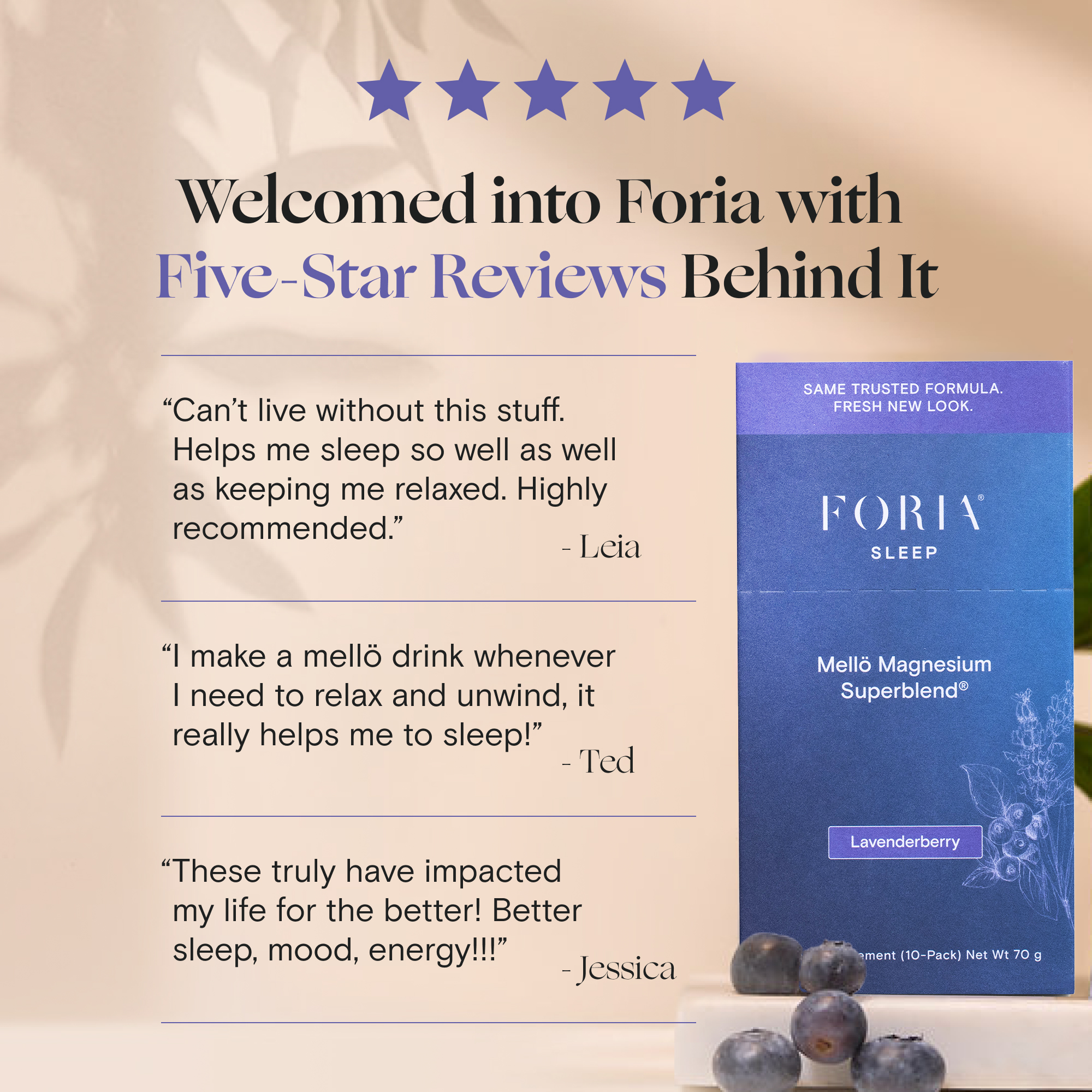 Foria Mellö Magnesium packaging with customer testimonials and blueberries on a beige background