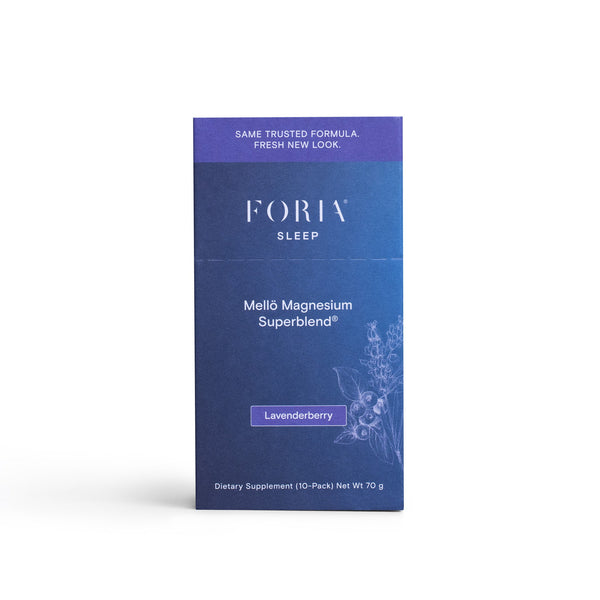 Foria Mellö Magnesium - 10 Travel Sticks lavender berry package on white background