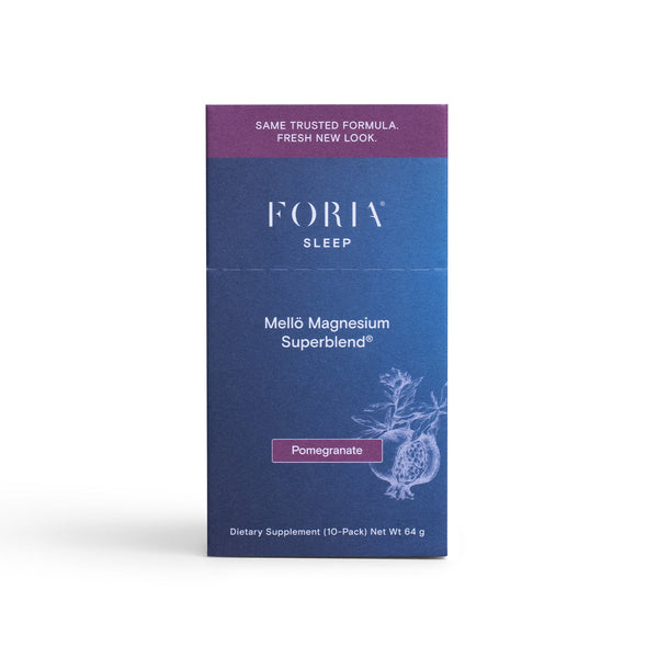 Foria Mellö Magnesium pouch, magnesium glycinate and magnesium citrate, pomegranate on white background travel pack size