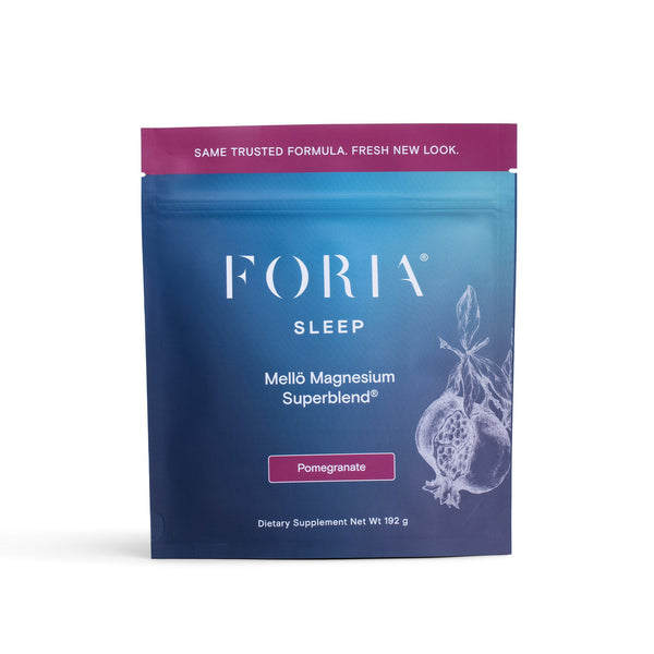 Foria Mellö Magnesium pouch, magnesium glycinate and magnesium citrate, pomegranate on white background. 