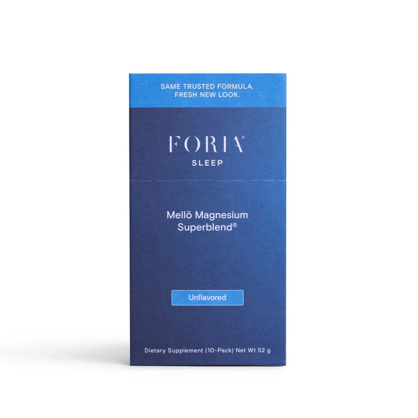 Foria Mellö Magnesium pouch, magnesium glycinate and magnesium citrate, unflavored on white background travel pack size
