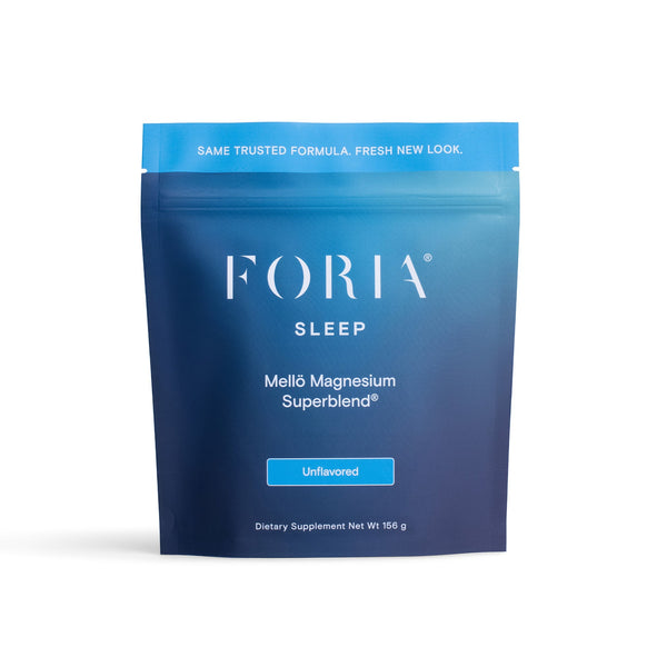 Foria Mellö Magnesium pouch, magnesium glycinate and magnesium citrate, unflavored on white background. 