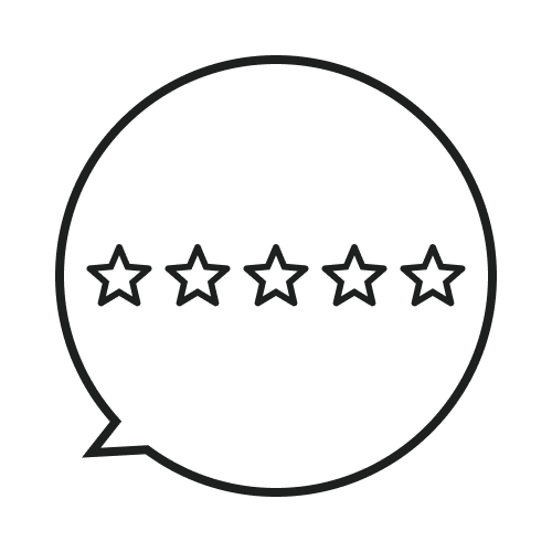 Black speech bubble with five stars inside on a white background