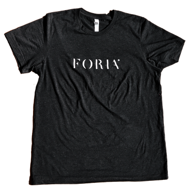 A black short-sleeve crewneck t-shirt with the brand name 'FORIA' printed in white serif letters across the chest, laid flat against a white background.