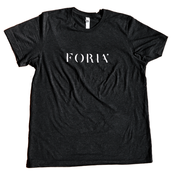 A black short-sleeve crewneck t-shirt with the brand name 'FORIA' printed in white serif letters across the chest, laid flat against a white background.