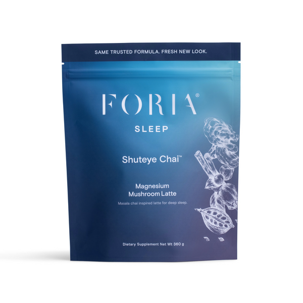 Foria Shuteye Chai supports better sleep and more restful sleep. Blue package on white background.