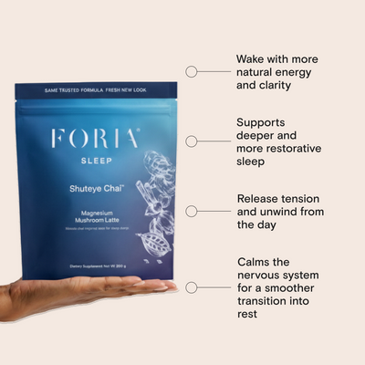 Foria Shuteye Chai product benefits on a tan background, such as release tension, and calm the nervous system