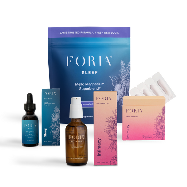 Foria product line including sleep supplement, magnesia, and intimacy product on a white background - Lavenderberry 