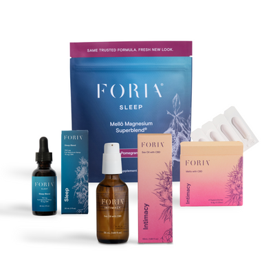 Foria product line including sleep supplement, magnesia, and intimacy product on a white background