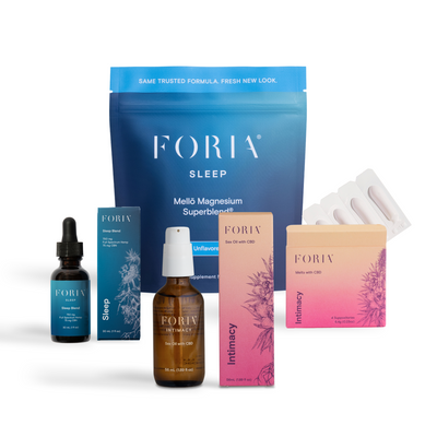 Foria product line including sleep supplement, magnesia, and intimacy product on a white background - unflavored 