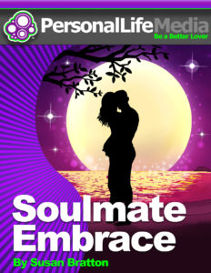 A cover image for a product named 'Soulmate Embrace' by Susan Bratton featuring a silhouette of a couple embracing under a moonlit sky with a few clouds and stars visible.
