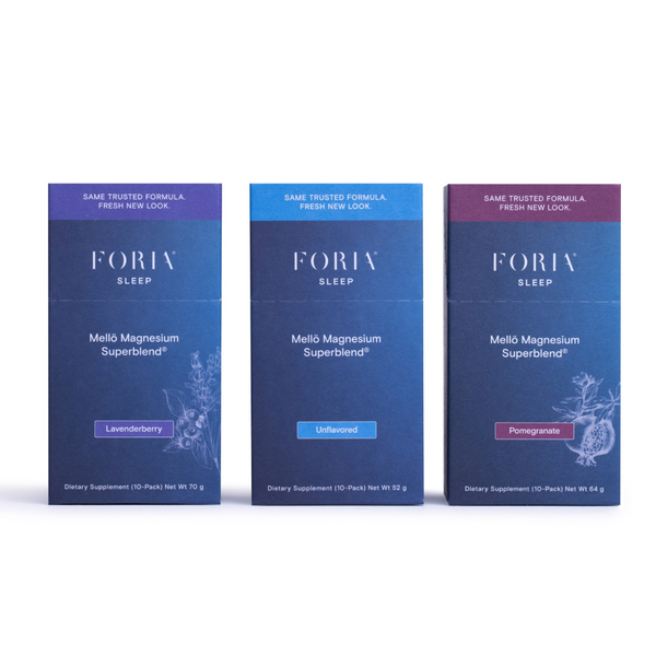 Foria Mellö Magnesium travel set magnesium glycinate and magnesium citrate on white background. 