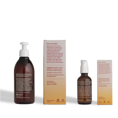 Two amber glass pump bottles and two matching product boxes with white-to-cream gradient labels, shown on a clean white background. The packaging text is visible and the brand name Plant Love Within appears on the labels.
