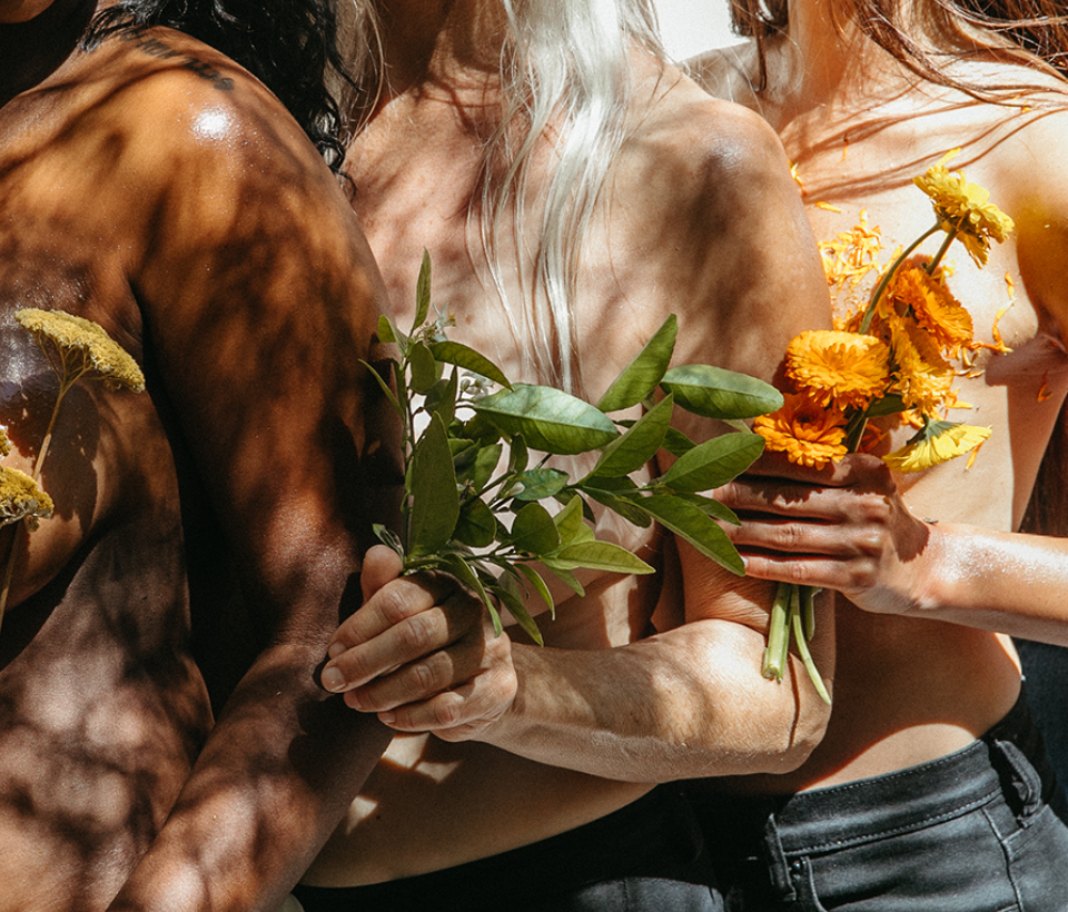 Foria vibrant collection, supports menopause, and perimenopause symptoms, and increases daily hydration and Women holding plants.. Women holding plants.