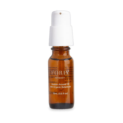 Brown bottle with white cap labeled Foria mini on a white background