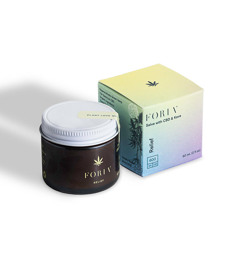 Foria Relief Salve with CBD & Kava - Marketing packaging with botanical illustration, Ease your menstrual cramps