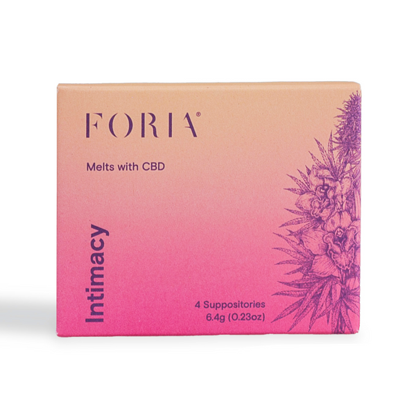 Foria Intimacy Melts with CBD front-of-pack on a clean background, plant-based formula for comfort and ease