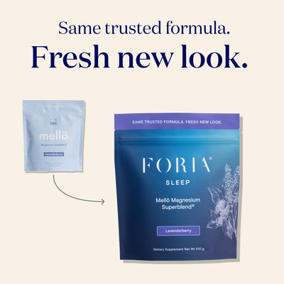 Foria Mellö Magnesium pouch packaging on a light beige background