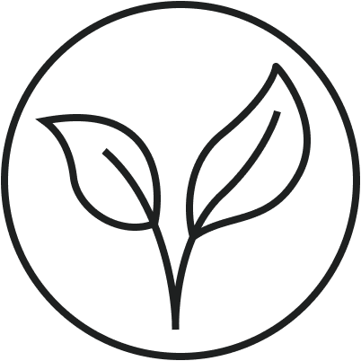 Black icon of two leaves inside a circle on a white background, vegan friendly