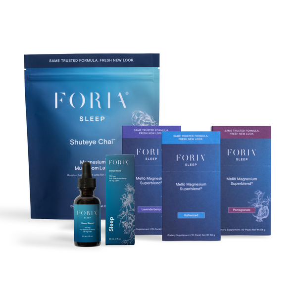 Foria Sleep Set products on white background made to help support sleep