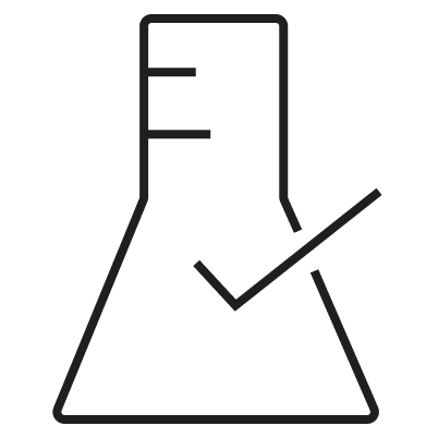 Outline of a beaker with a check mark inside on a white background, third-party tested
